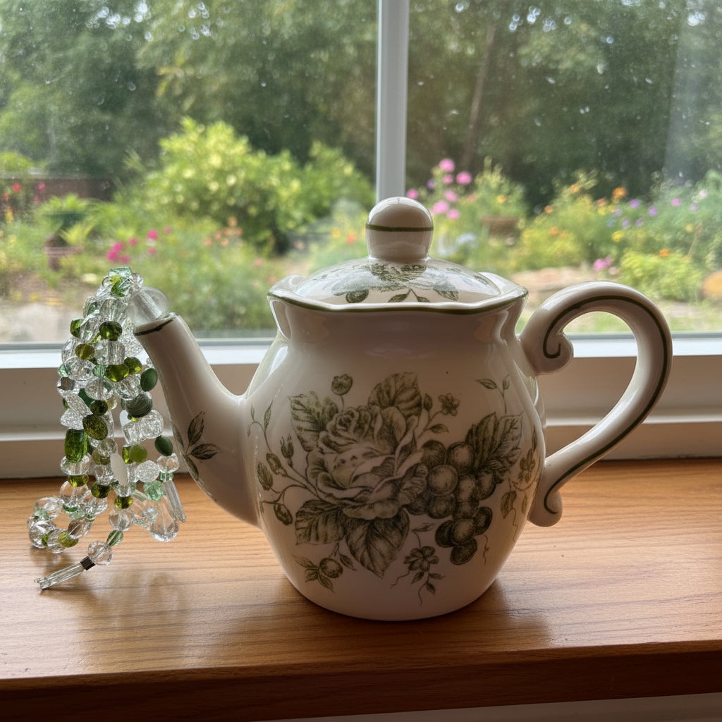 Crystal Pouring Teapot – Green & White Toile Floral Design