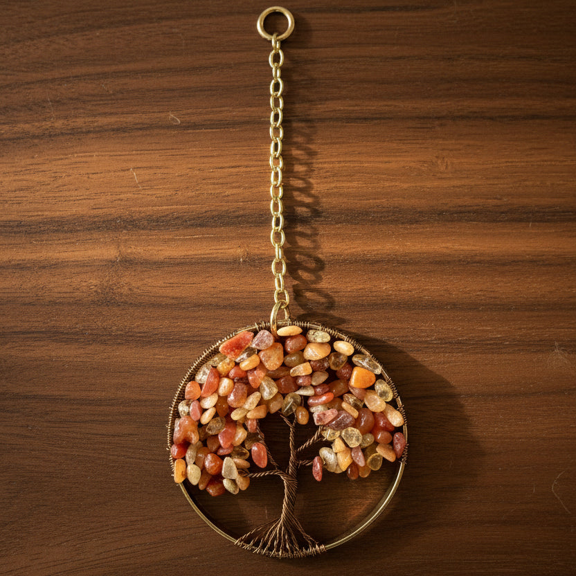 Carnelian, Citrine,  Orange Quartz, Antique Brass & Gold Tree of Life – 3-Inch Window/Wall Hanging
