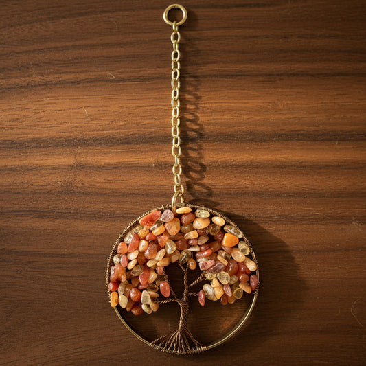 Carnelian, Citrine,  Orange Quartz, Antique Brass & Gold Tree of Life – 3-Inch Window/Wall Hanging