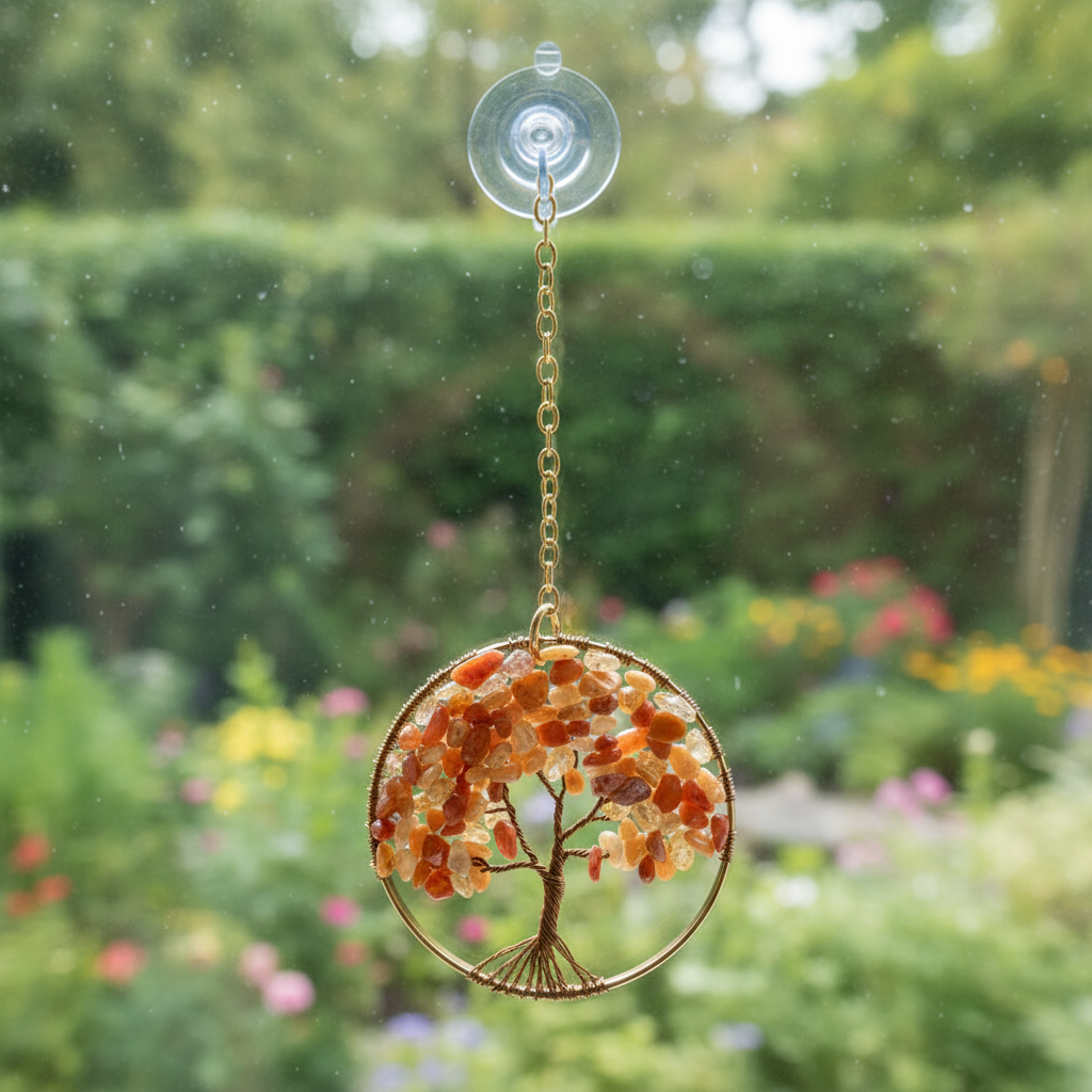 Carnelian, Citrine,  Orange Quartz, Antique Brass & Gold Tree of Life – 3-Inch Window/Wall Hanging