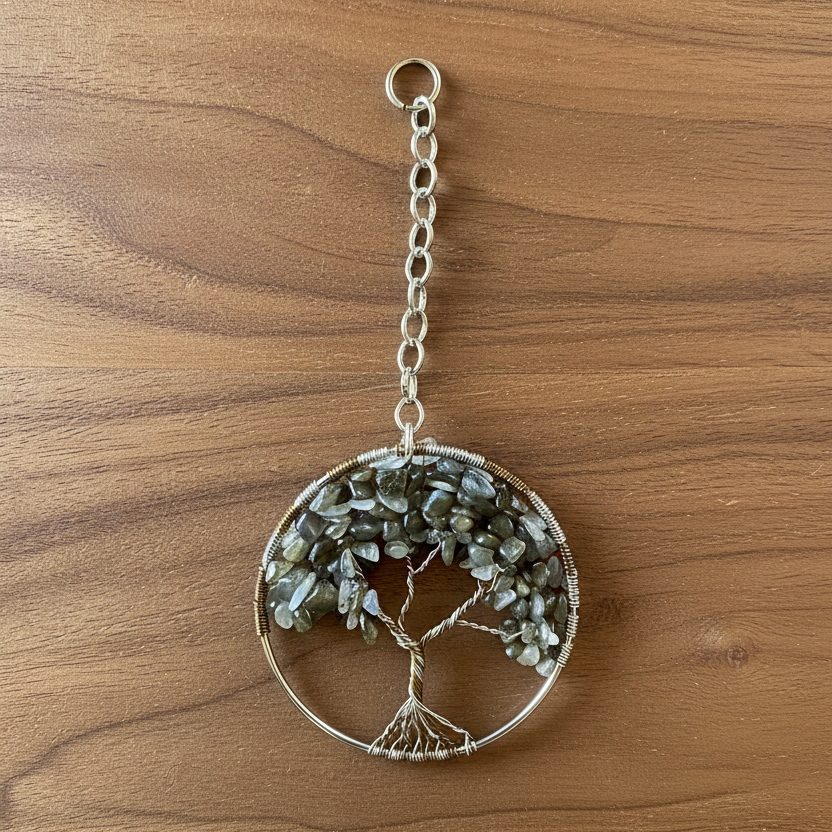 Labradorite, Silver and Antique Brass Tree of Life 3-Inch Window/Wall Hanging
