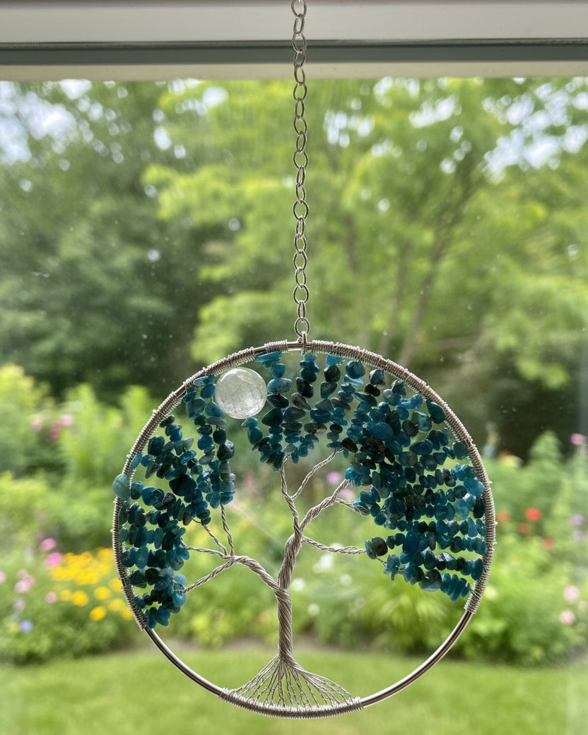 Blue Apatite & Silver Tree of Life – 6-Inch Wall or Window Hanging