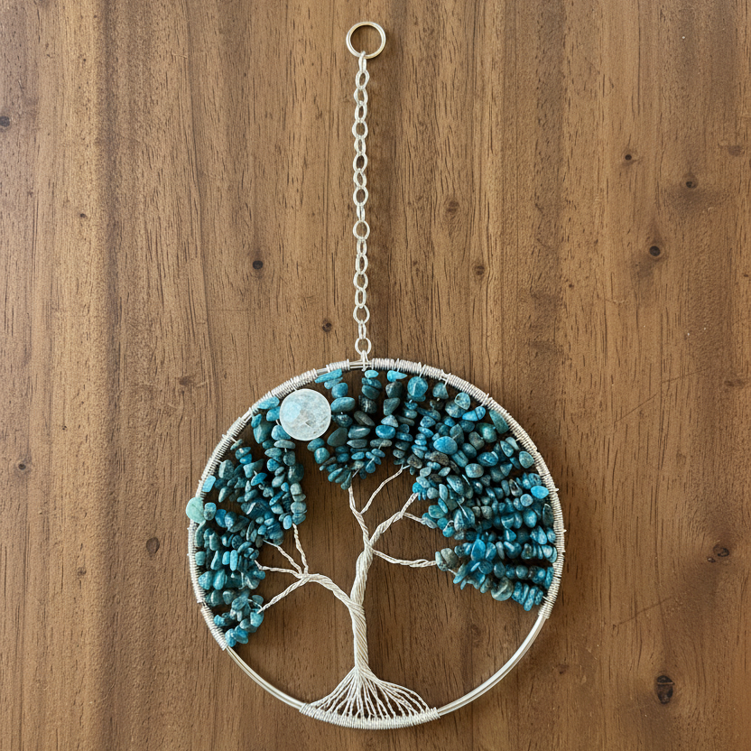 Blue Apatite & Silver Tree of Life – 6-Inch Wall or Window Hanging