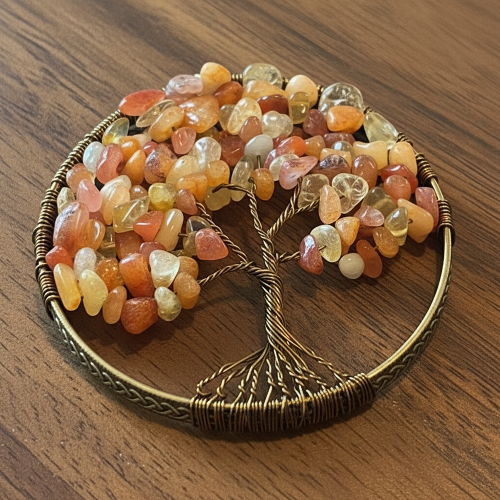 Carnelian, Citrine,  Orange Quartz, Antique Brass & Gold Tree of Life – 3-Inch Window/Wall Hanging