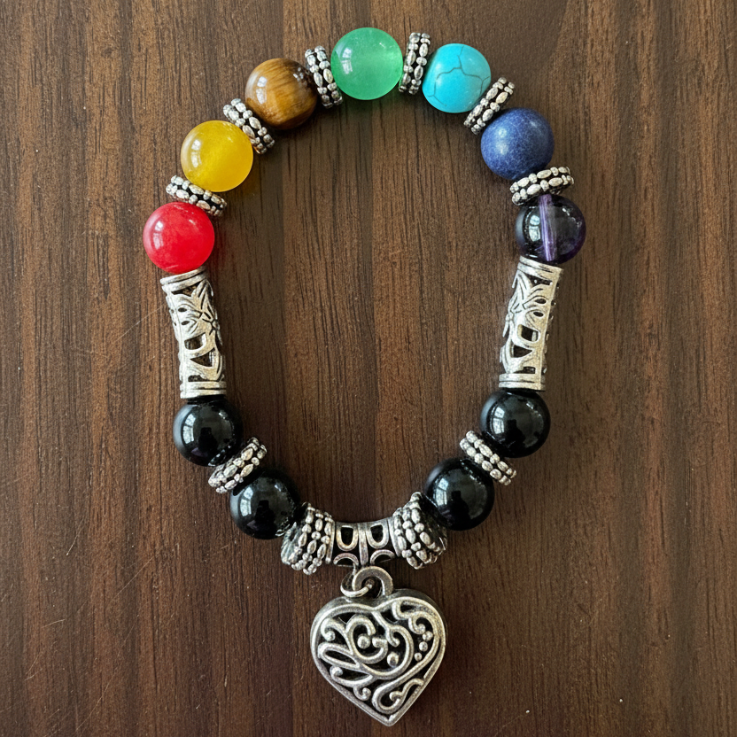 Mixed Gemstone Bracelet with SIlver-Plated Heart Charm