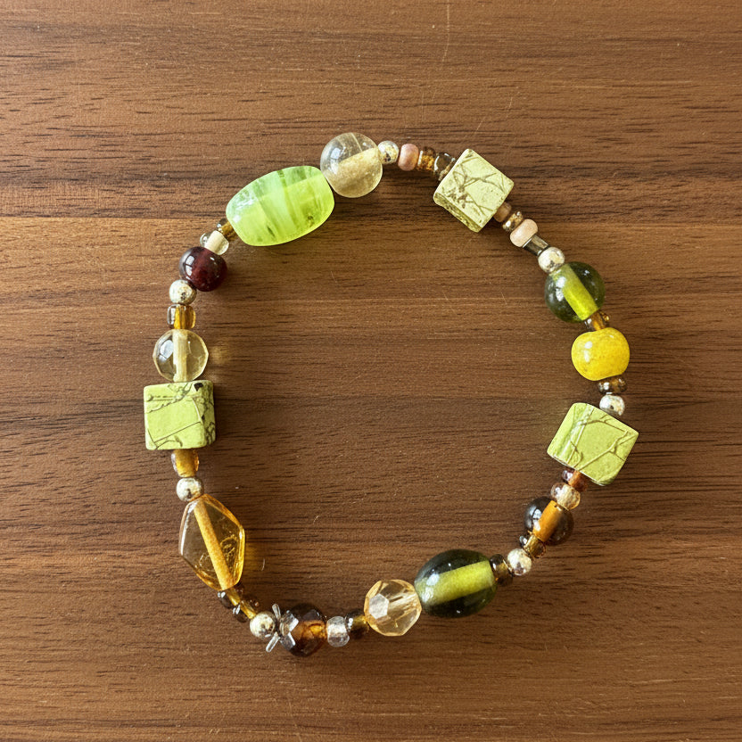 Green and Amber Glass Bead Bracelet with Silver Accents