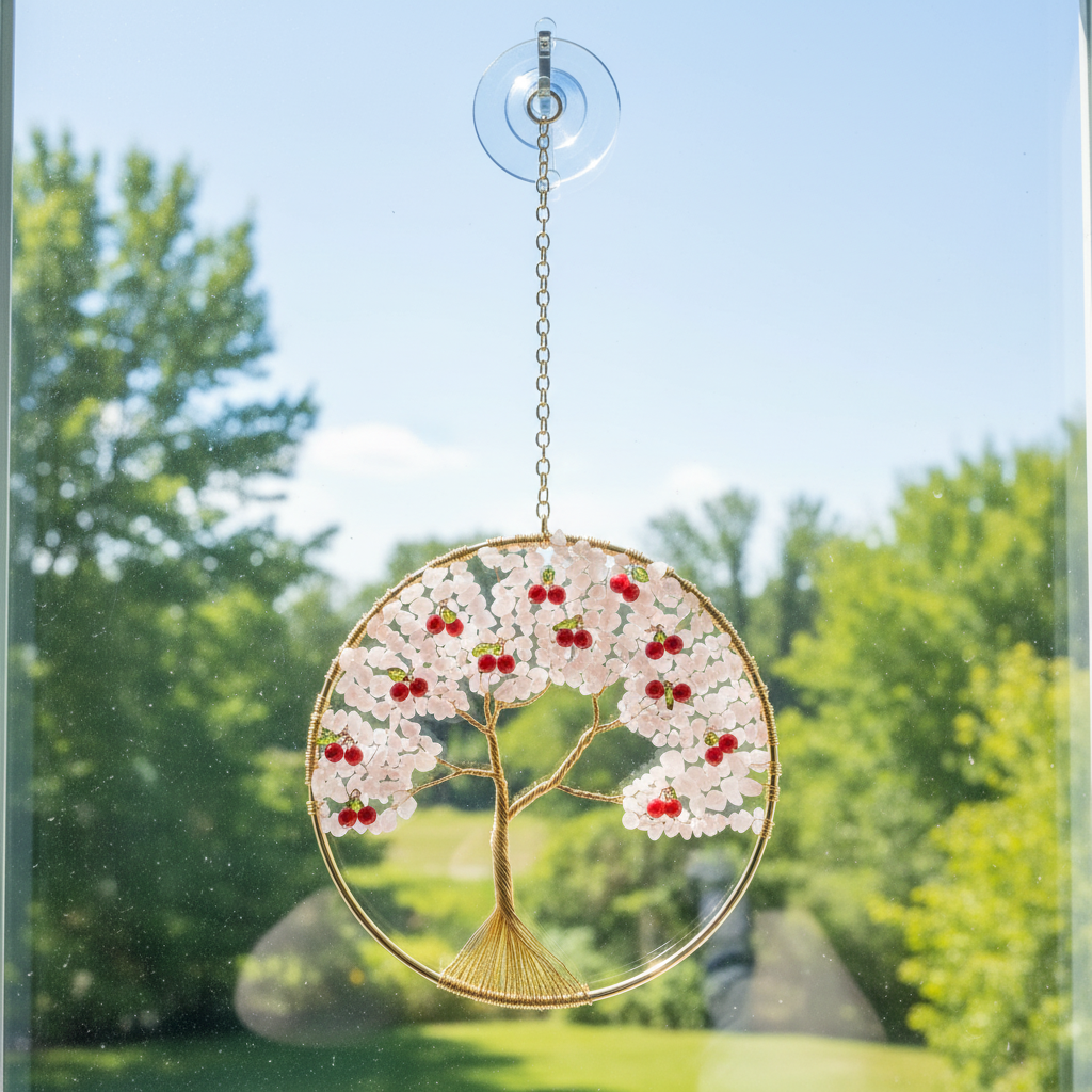 Rose Quartz Cherry Blossom Tree of Life – 6-Inch Wall/Window Hanging