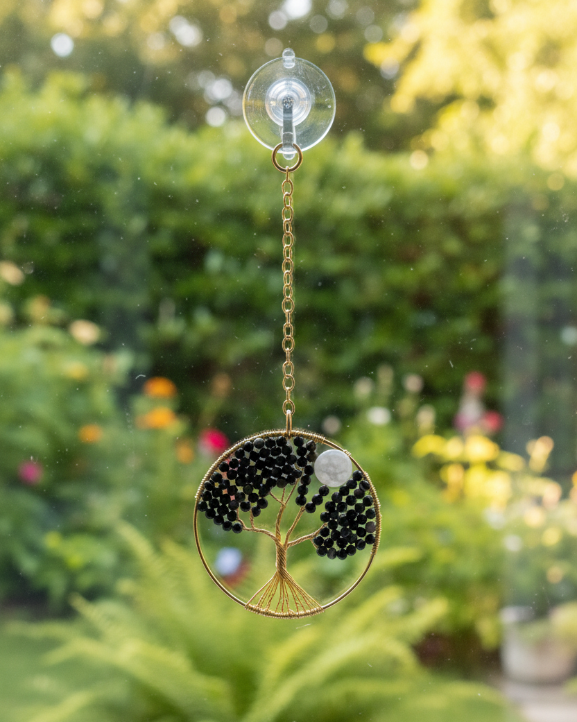 Matte Black Striped Agate, White Quartz and Gold Tree of Life - 3-Inch Window/Wall Hanging