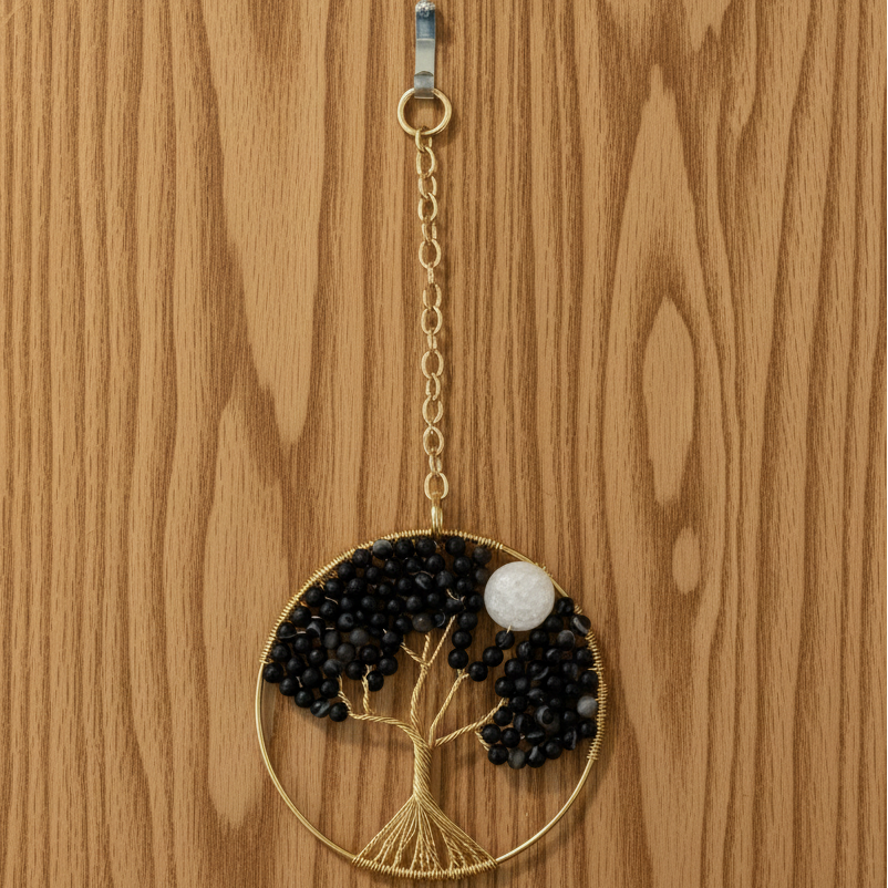 Matte Black Striped Agate, White Quartz and Gold Tree of Life - 3-Inch Window/Wall Hanging