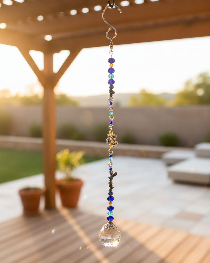 Blue and Orange Faceted Glass Suncatcher WIth Sea Turtle and Natural Stone Accents