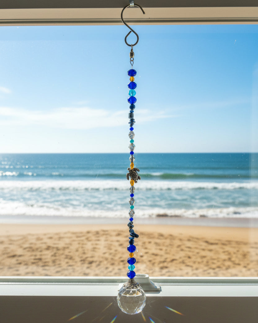 Blue and Orange Faceted Glass Suncatcher WIth Sea Turtle and Natural Stone Accents
