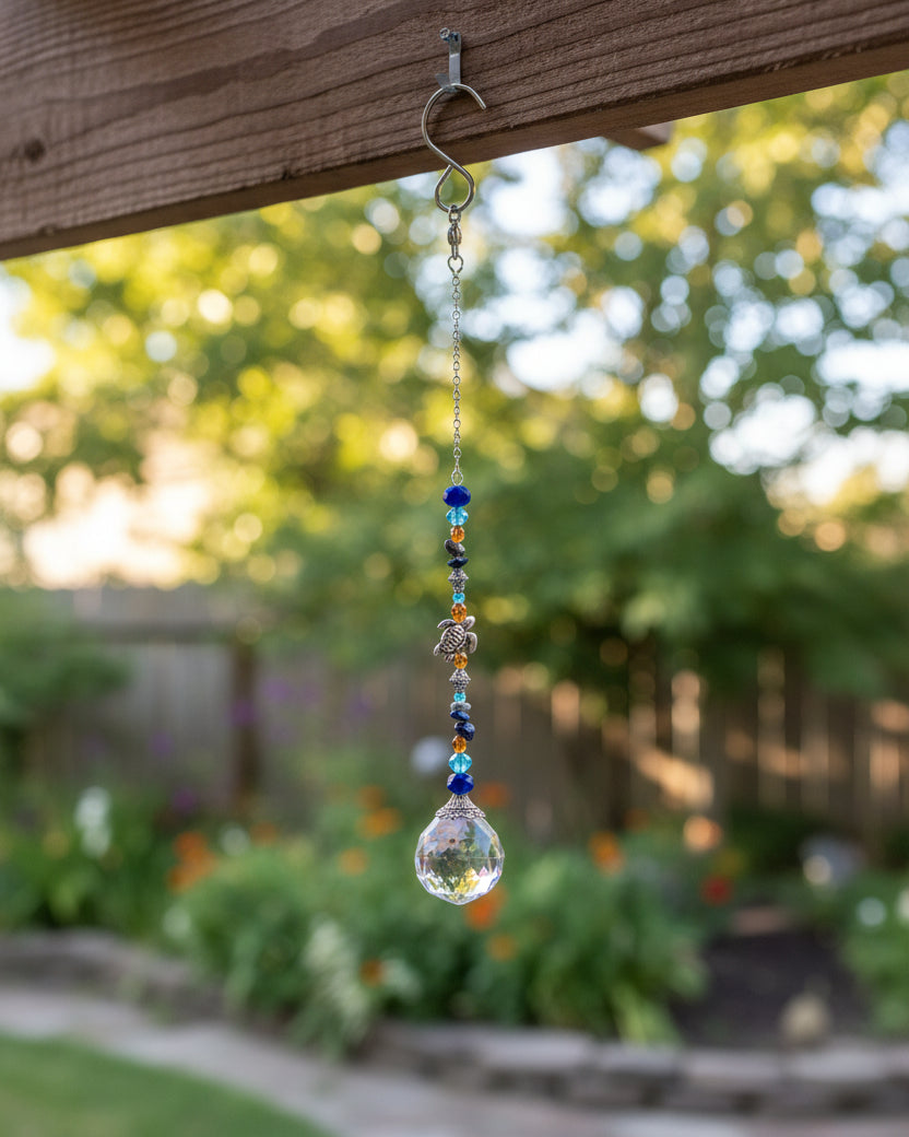 Blue and Orange Faceted Glass Suncatcher WIth Sea Turtle and Natural Stone Accents