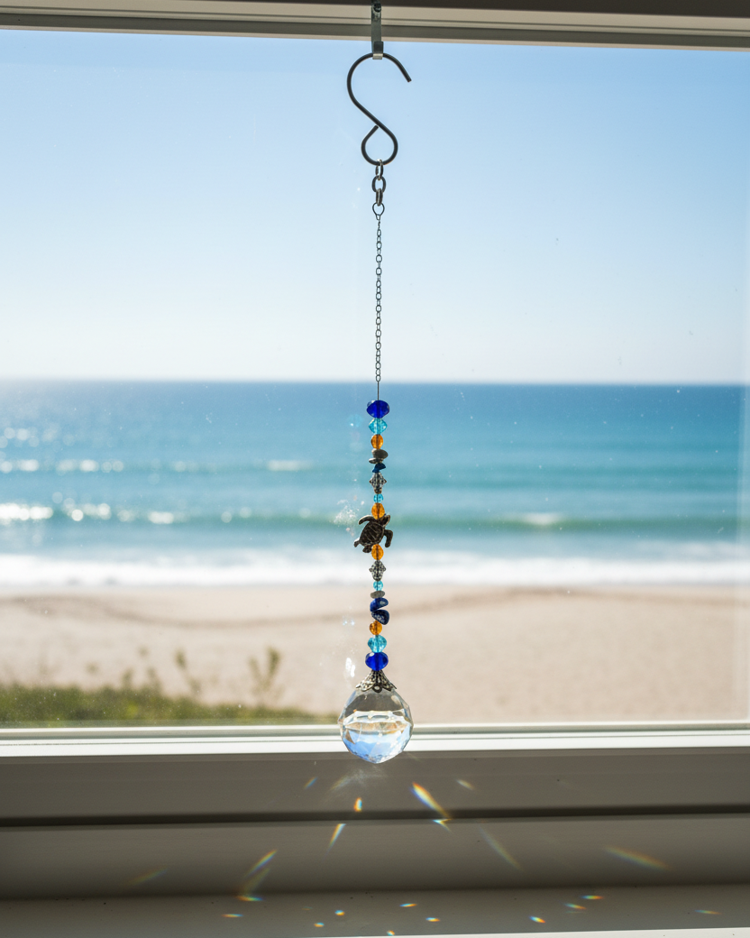 Blue and Orange Faceted Glass Suncatcher WIth Sea Turtle and Natural Stone Accents