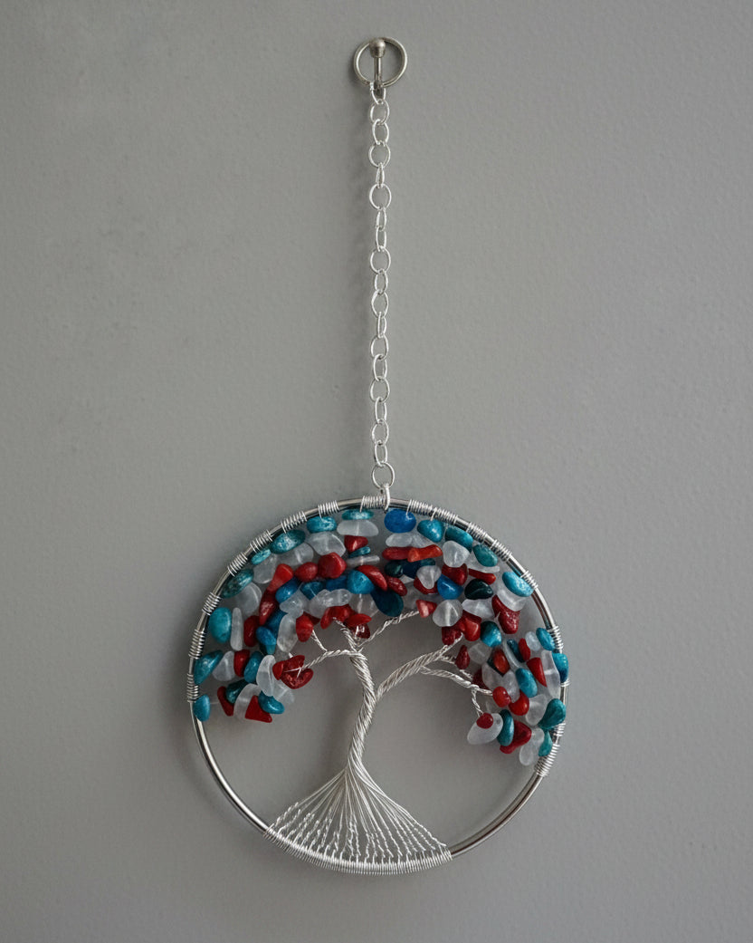 Red Coral, White Quartz and Blue Apatite Tree of Life - 4-Inch Window/Wall Hanging
