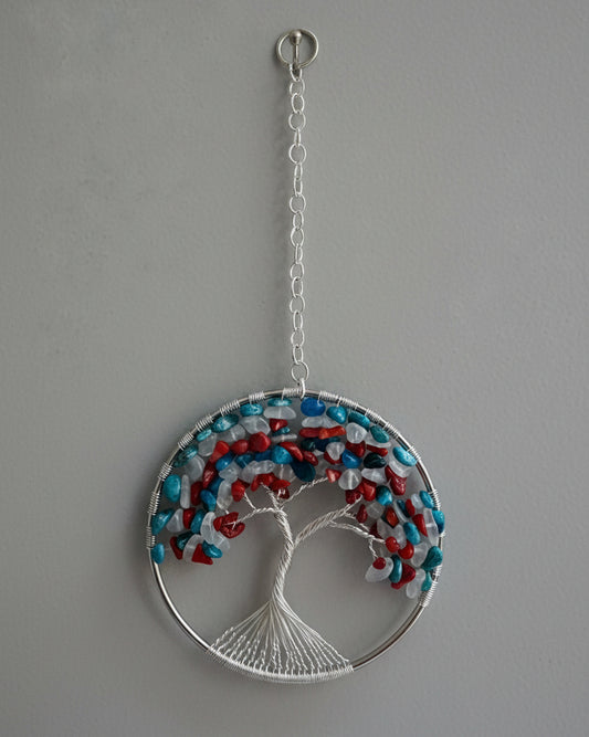 Red Coral, White Quartz and Blue Apatite Tree of Life - 4-Inch Window/Wall Hanging