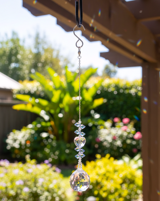 Light Blue Faceted Glass and Clear Crystal Heart Suncatcher With a 40mm Crystal