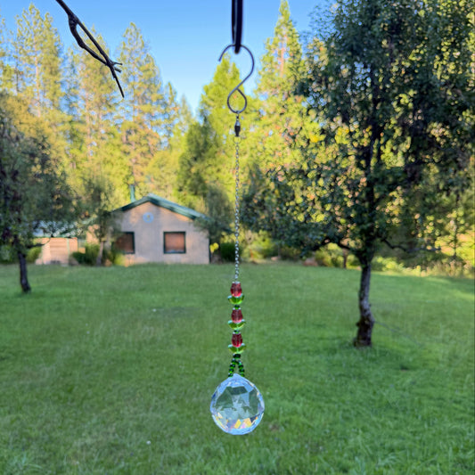Red Glass Tulip Suncatcher with 40mm Crystal Prism – 11" Hanging Window or Patio Decor