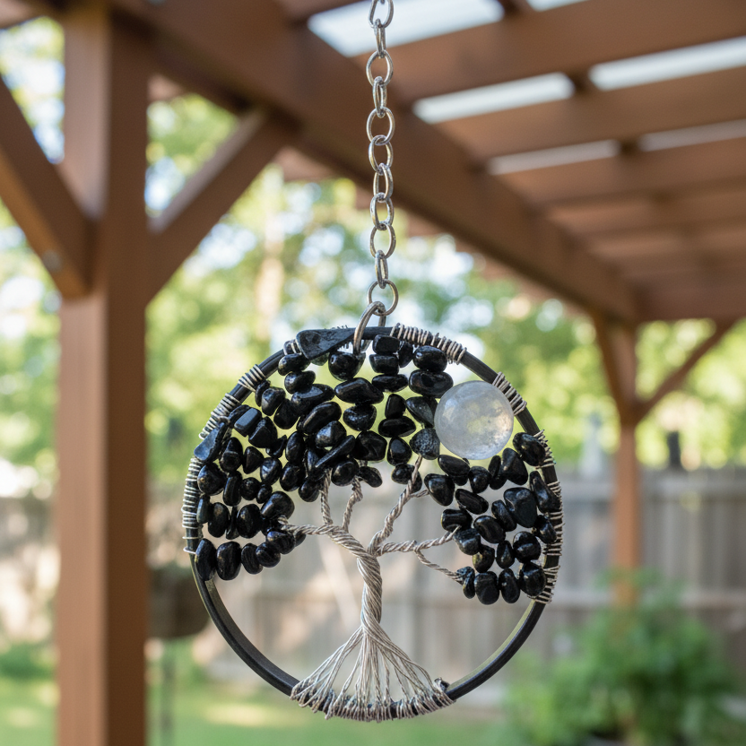 Black Jasper and White Quartz Silver Tree of Life 3-Inch Window or Wall Hanging
