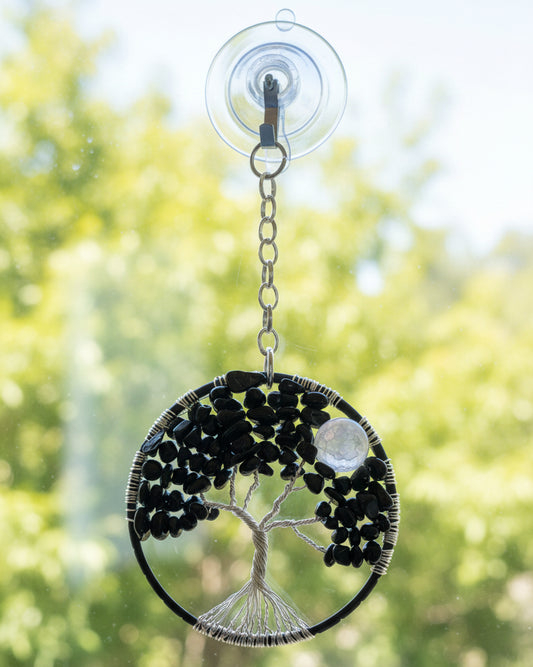 Black Jasper and White Quartz Silver Tree of Life 3-Inch Window or Wall Hanging