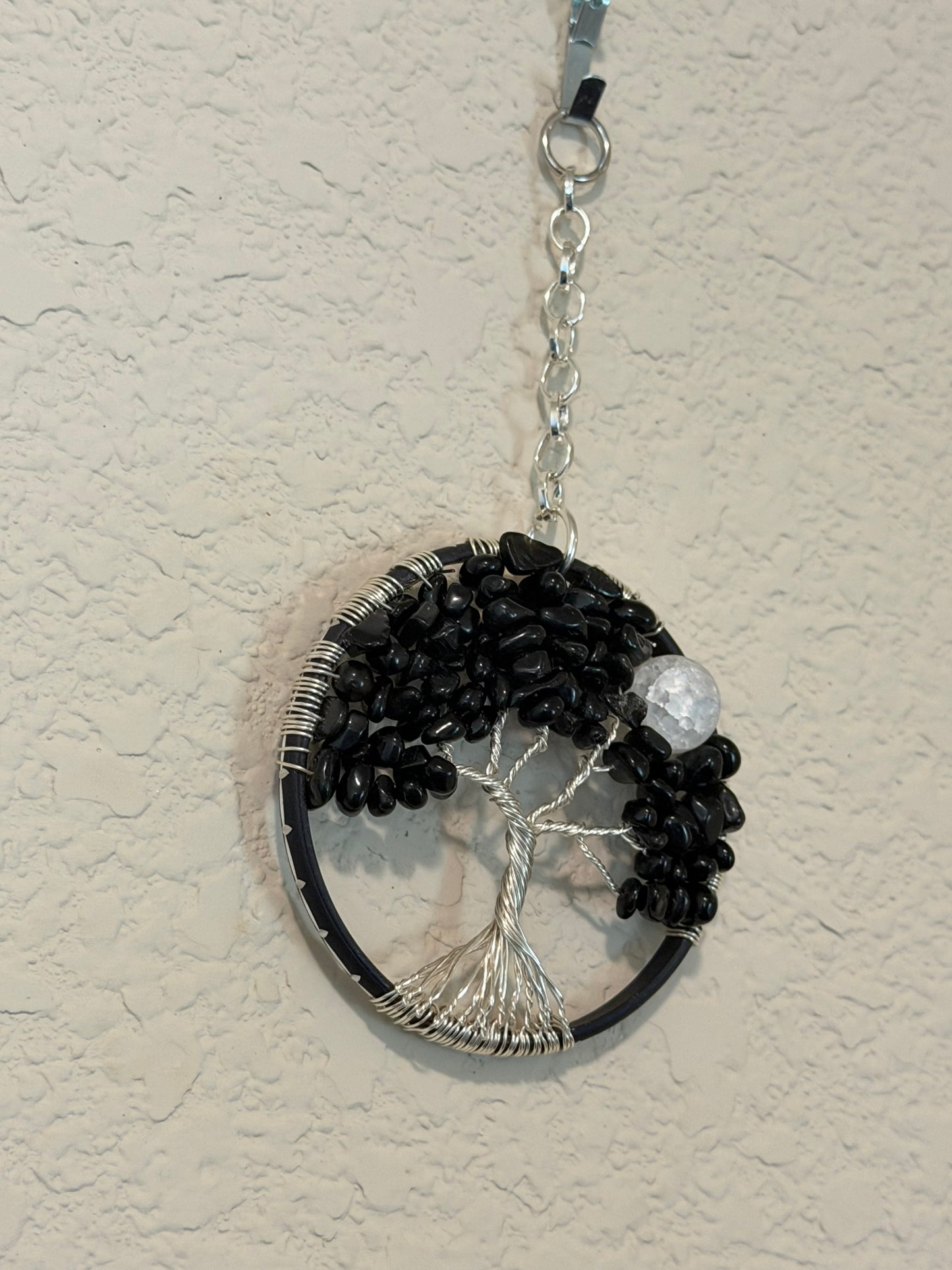 Black Jasper and White Quartz Silver Tree of Life 3-Inch Window or Wall Hanging