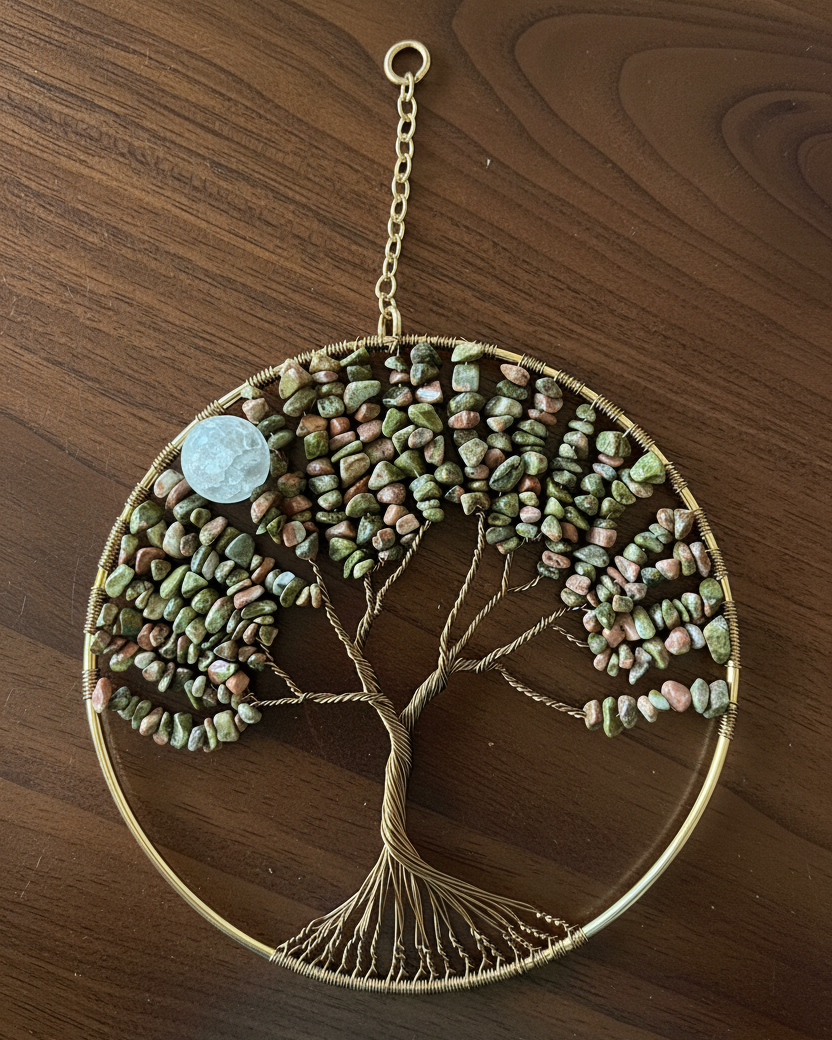 Unakite, White Quartz & Antique Brass Tree of Life 6-Inch Window/Wall Hanging
