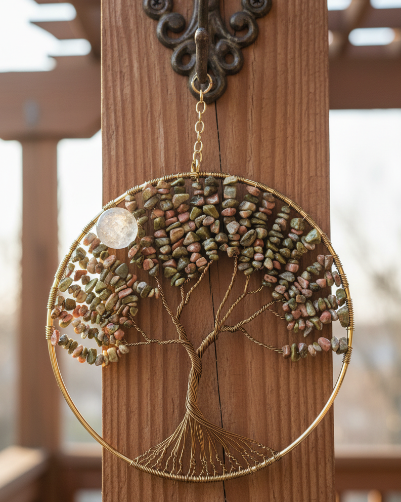 Unakite, White Quartz & Antique Brass Tree of Life 6-Inch Window/Wall Hanging