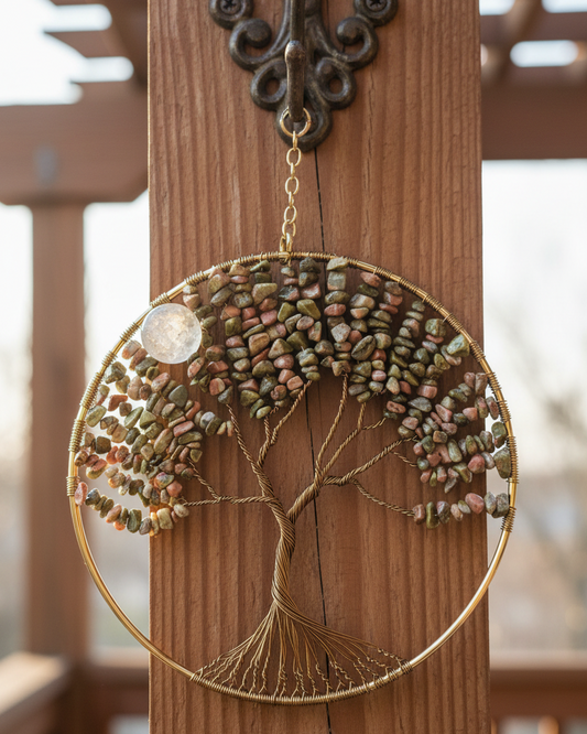 Unakite, White Quartz & Antique Brass Tree of Life 6-Inch Window/Wall Hanging