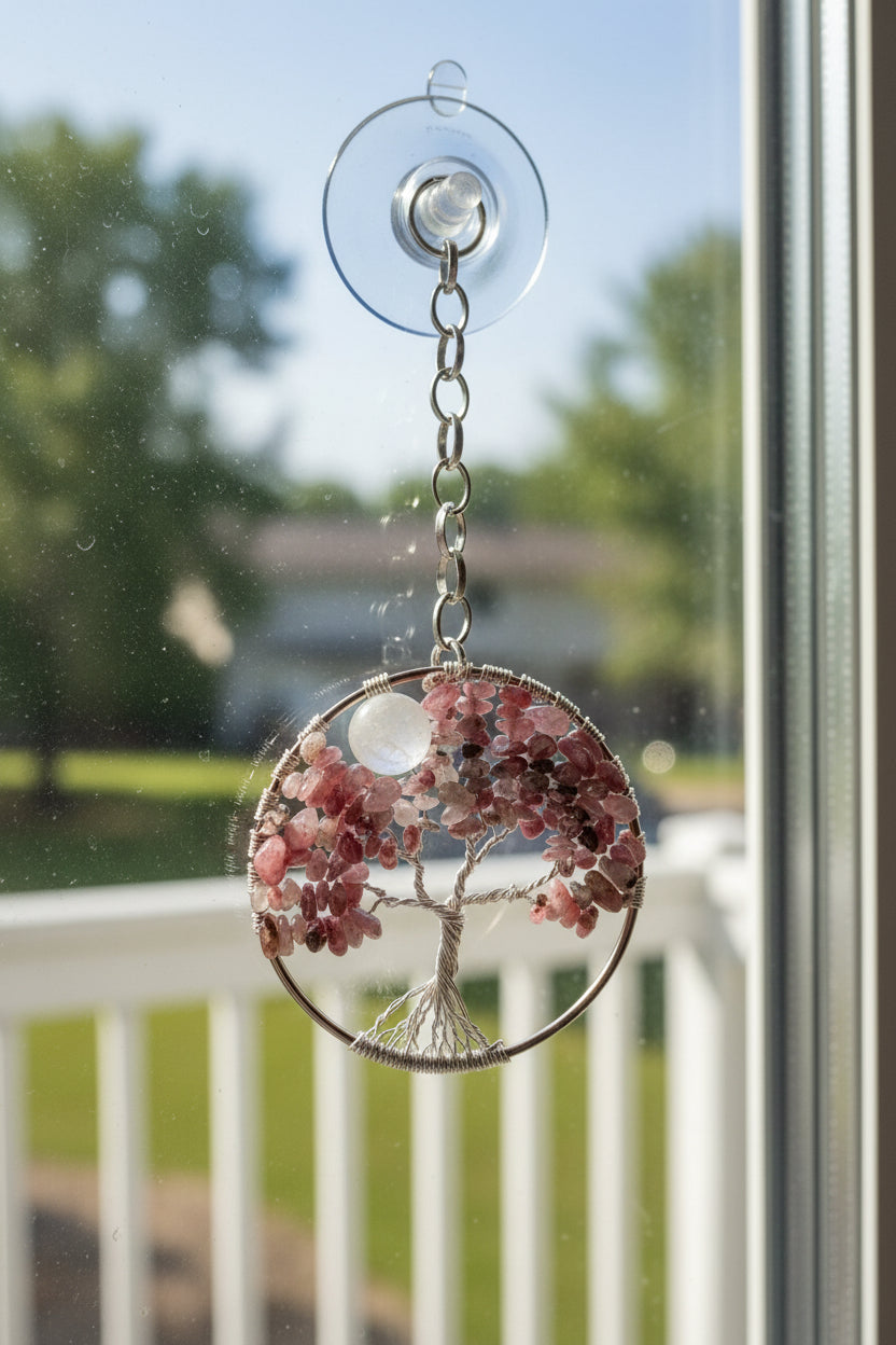 Plum Blossom Tourmaline & Silver Tree of Life Window/Wall Hanging – 3 Inch (Repurposed Bangle)