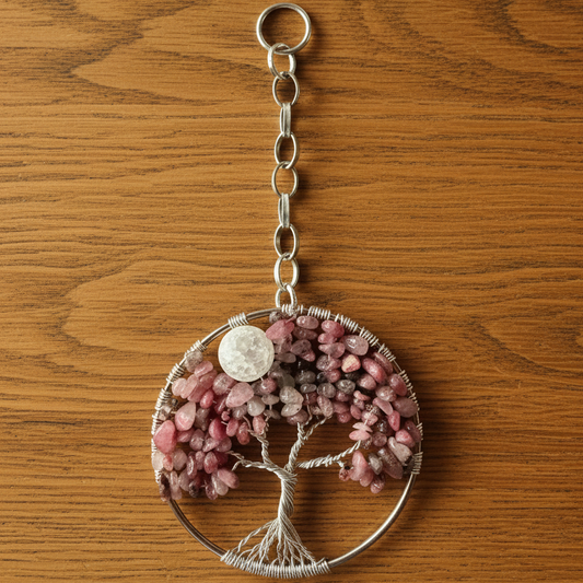 Plum Blossom Tourmaline & Silver Tree of Life Window/Wall Hanging – 3 Inch (Repurposed Bangle)
