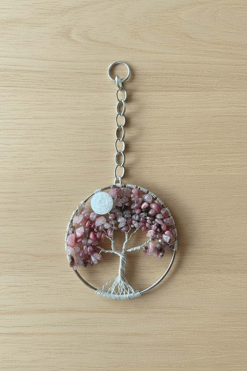 Plum Blossom Tourmaline & Silver Tree of Life Window/Wall Hanging – 3 Inch (Repurposed Bangle)