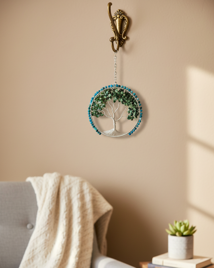 Blue Striped Agate, Green Aventurine & Silver Tree of Life 5-Inch Window/Wall Hanging