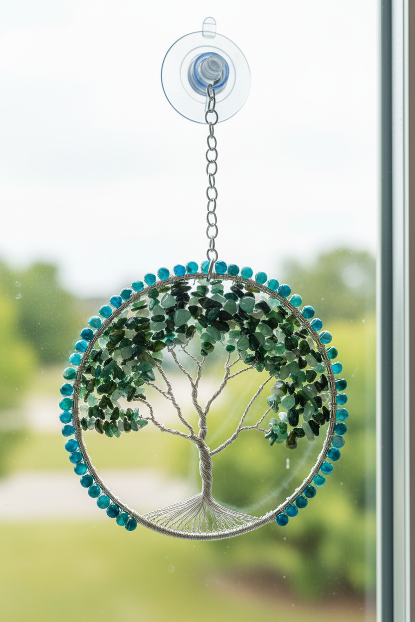 Blue Striped Agate, Green Aventurine & Silver Tree of Life 5-Inch Window/Wall Hanging