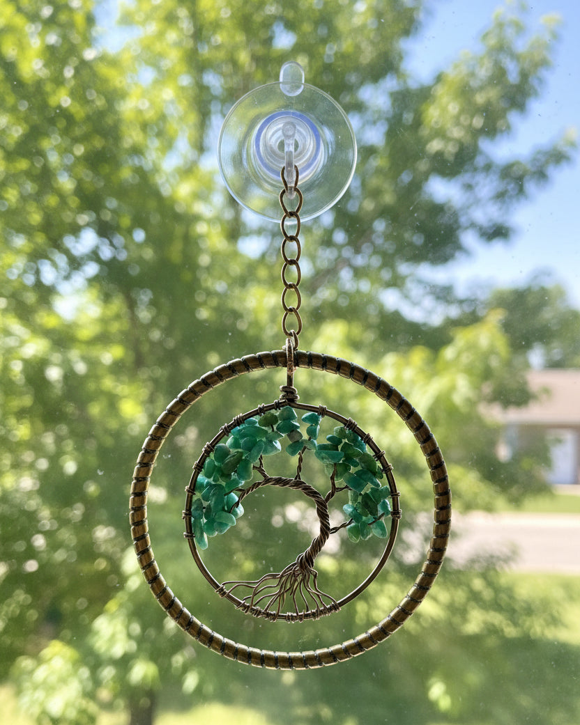 Amazonite & Copper-Toned Tree of Life 3-Inch Window or Wall Hanging (Repurposed Bangle Bracelet)