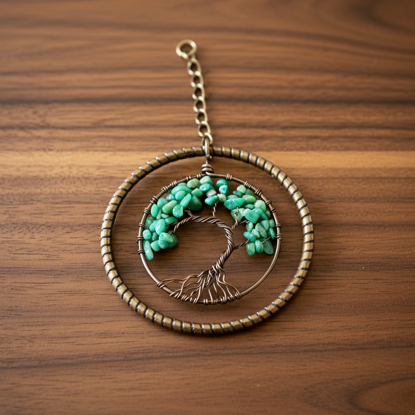 Amazonite & Copper-Toned Tree of Life 3-Inch Window or Wall Hanging (Repurposed Bangle Bracelet)