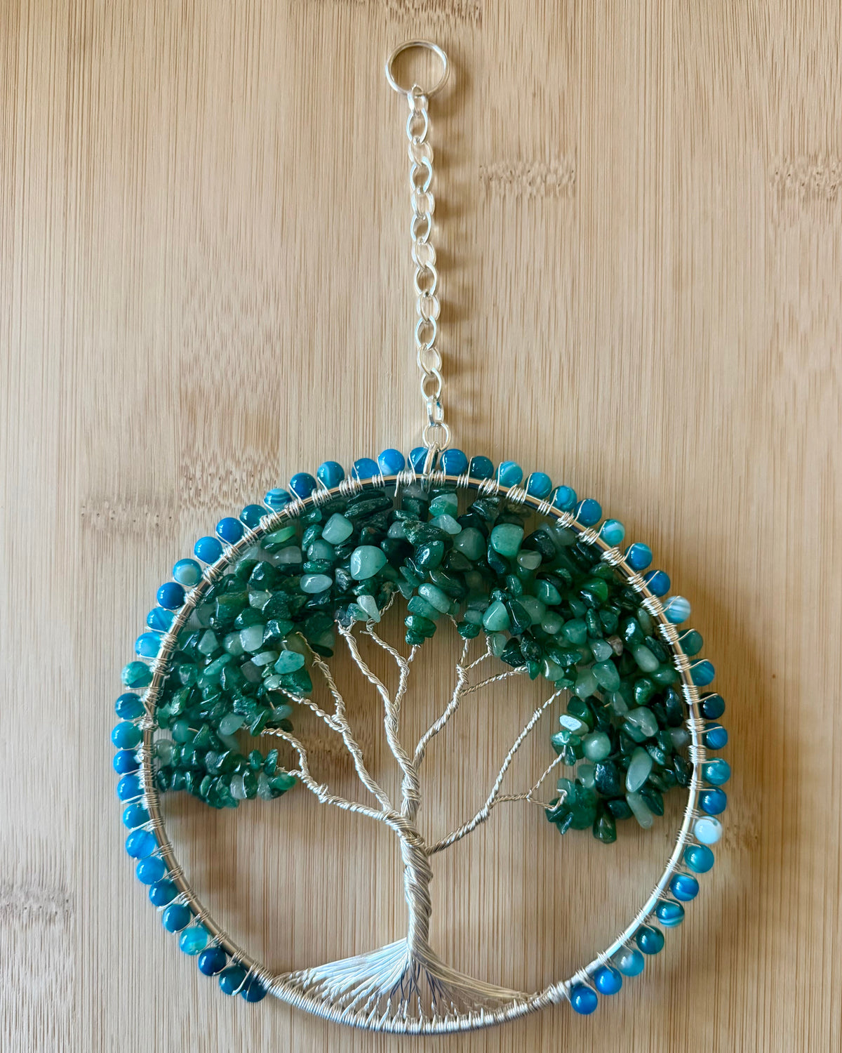 Blue Striped Agate, Green Aventurine & Silver Tree of Life 5-Inch Window/Wall Hanging