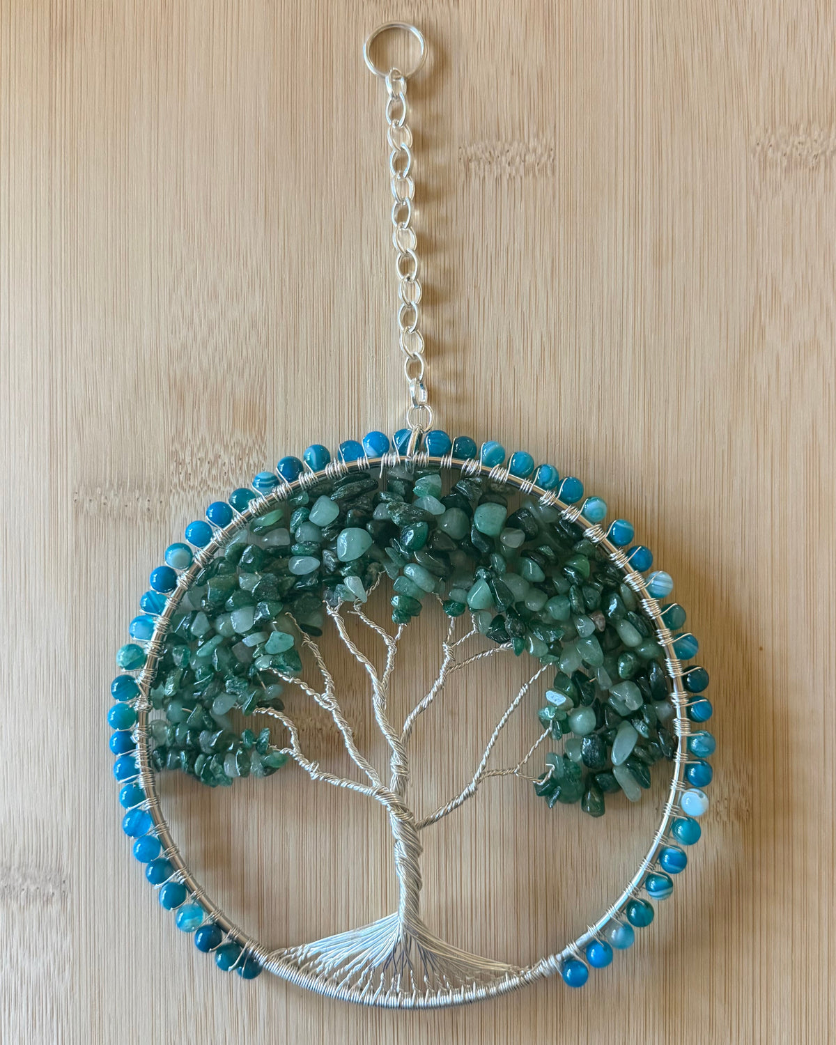 Blue Striped Agate, Green Aventurine & Silver Tree of Life 5-Inch Window/Wall Hanging