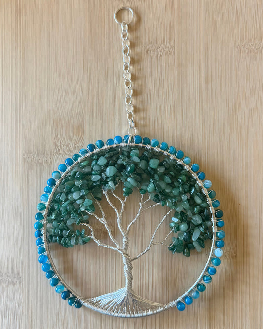 Blue Striped Agate, Green Aventurine & Silver Tree of Life 5-Inch Window/Wall Hanging