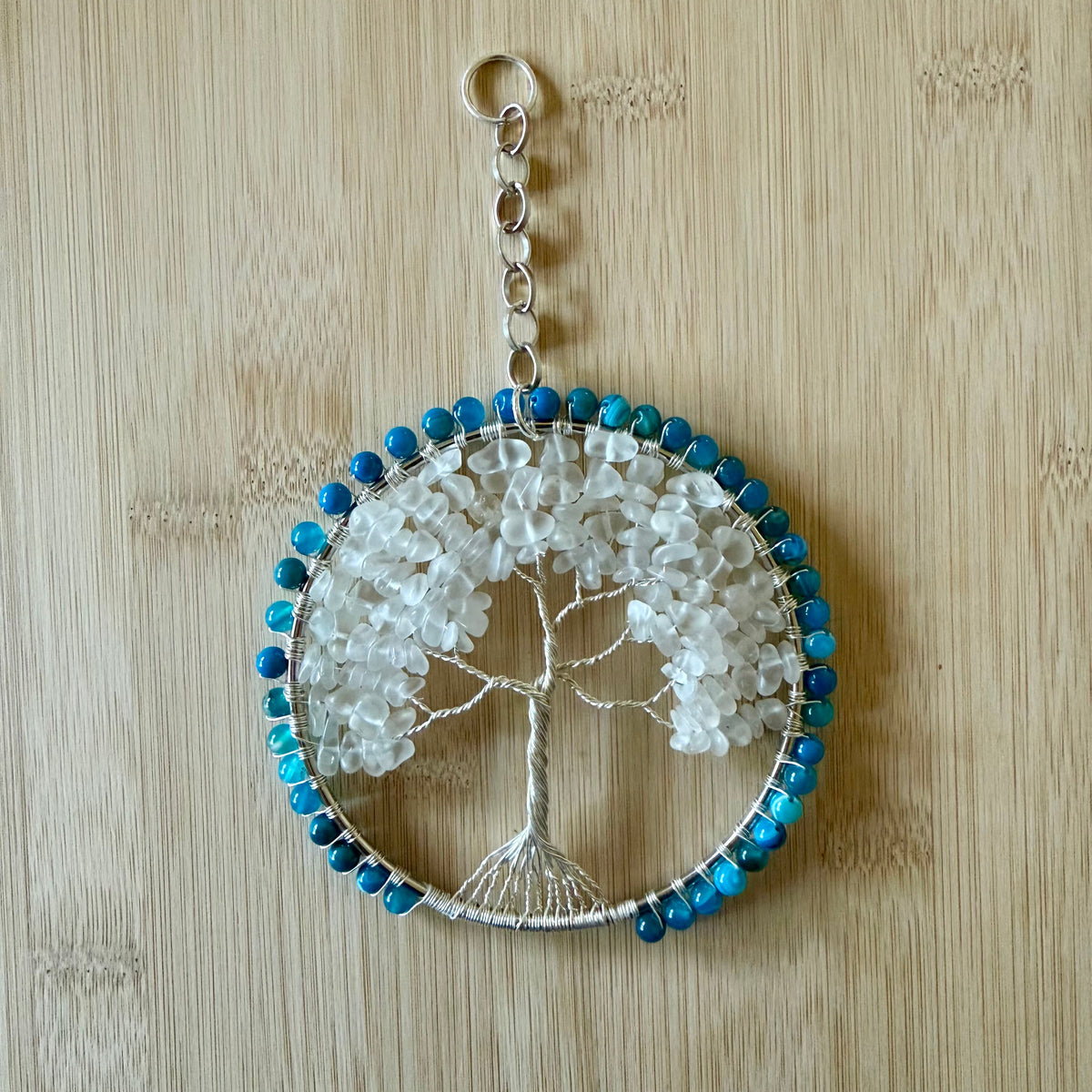 Blue Striped Agate, White Crackled Quartz & Silver Tree of Life 4-Inch Window/Wall Hanging