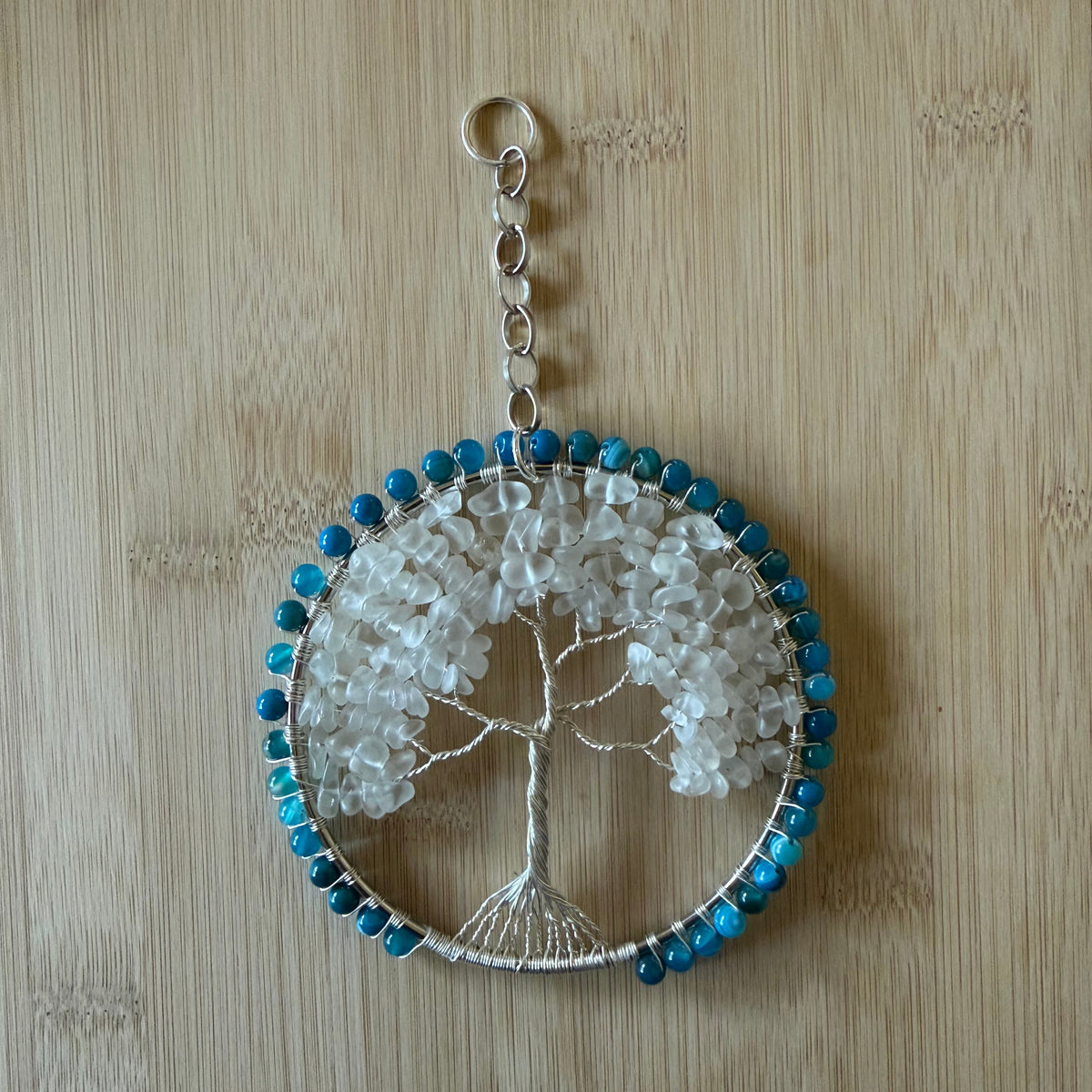 Blue Striped Agate, White Crackled Quartz & Silver Tree of Life 4-Inch Window/Wall Hanging
