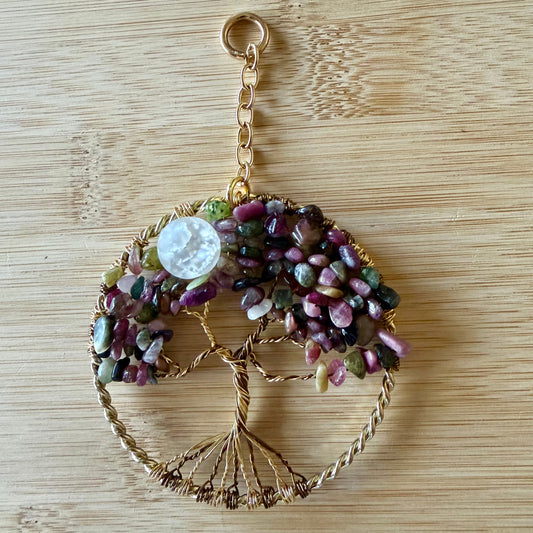 Colorful Tourmaline, White Crackle Quartz Gold & Antique Brass Tree of Life  3-Inch Window/Wall Hanging