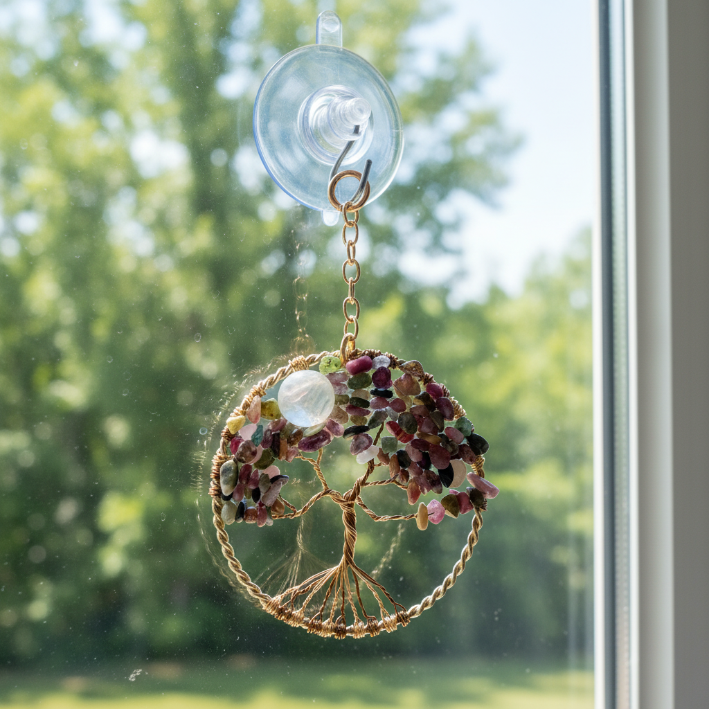 Colorful Tourmaline, White Crackle Quartz Gold & Antique Brass Tree of Life  3-Inch Window/Wall Hanging