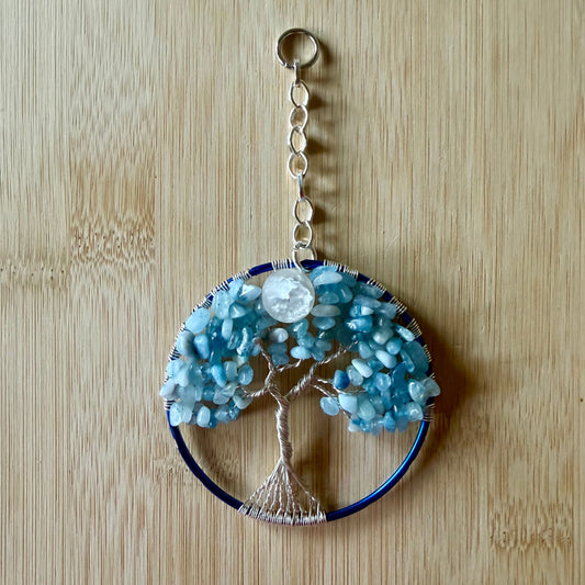 Aquamarine, White Quartz & Silver and Copper Tree of Life – 3-Inch Repurposed Dark Blue Bangle Bracelet