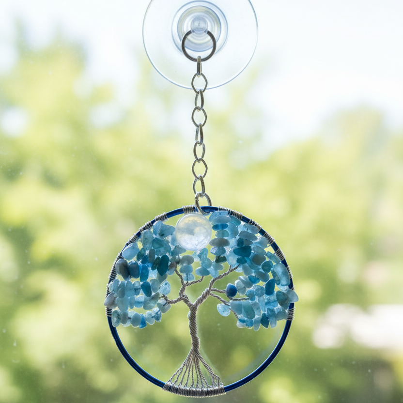 Aquamarine, White Quartz & Silver and Copper Tree of Life – 3-Inch Repurposed Dark Blue Bangle Bracelet