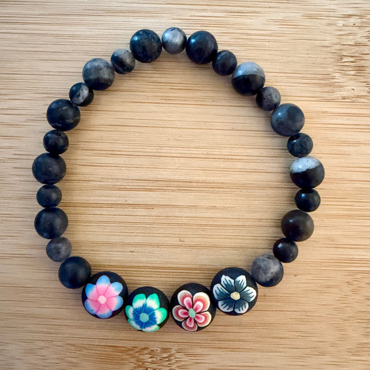 Black Network Stone Stretch Bracelet with Black Clay Flower Accent Beads