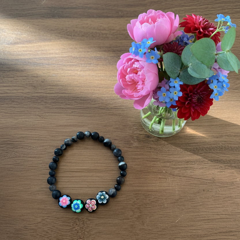 Black Network Stone Stretch Bracelet with Black Clay Flower Accent Beads