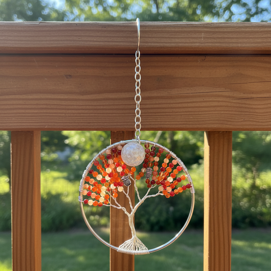 Carnelian, Orange Quartzite, White Quartz & Silver Tree of Life  – 4 Inch Window/Wall Hanging