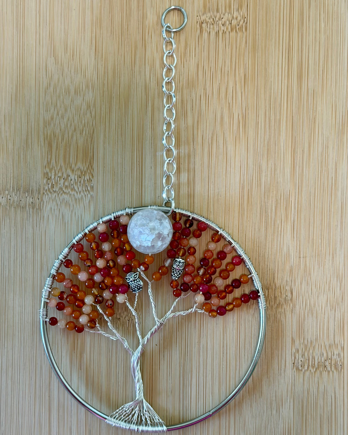 Carnelian, Orange Quartzite, White Quartz & Silver Tree of Life  – 4 Inch Window/Wall Hanging