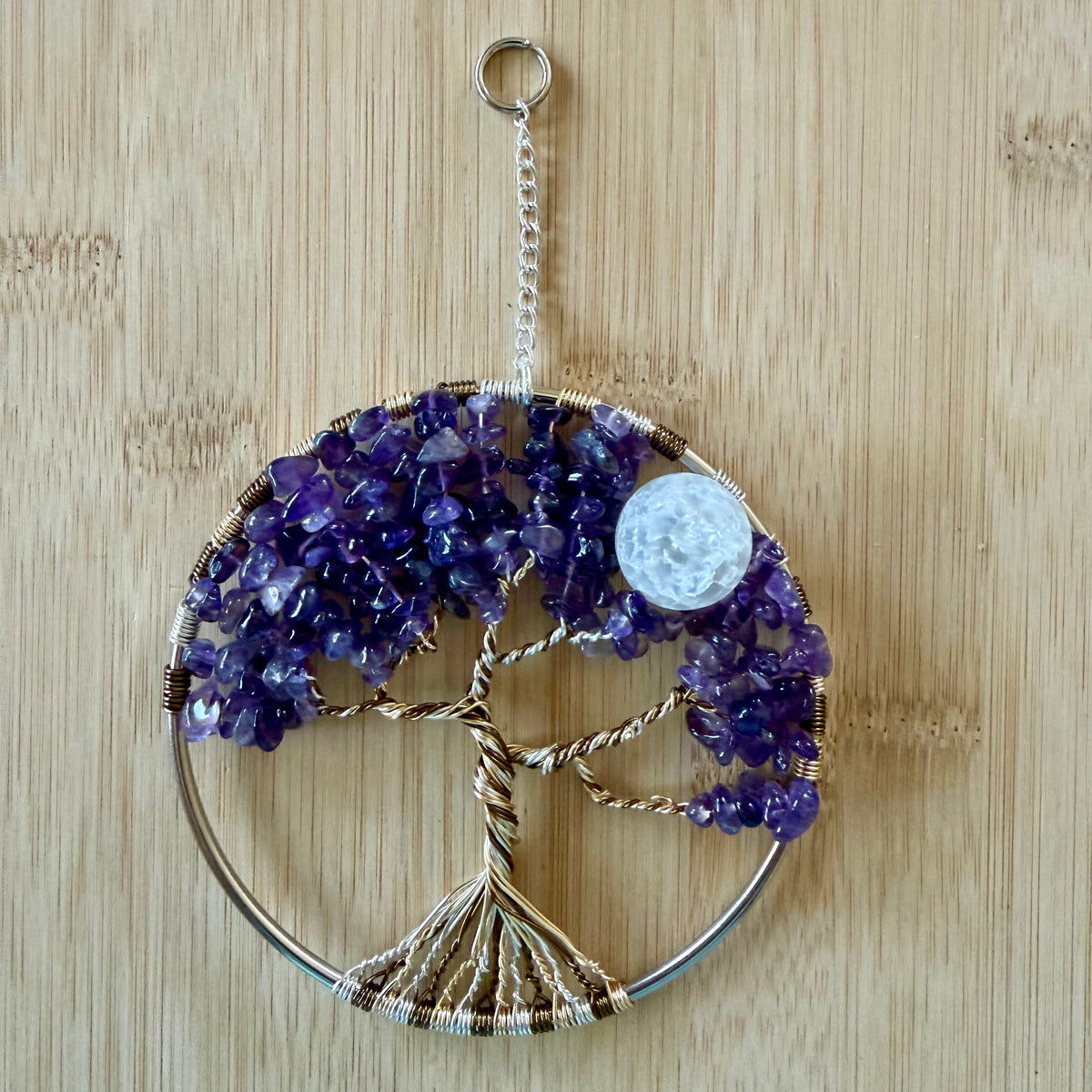 Amethyst, White Crackle Quartz & Mixed-Metal Tree of Life – 4-Inch Wall/Window Hanging
