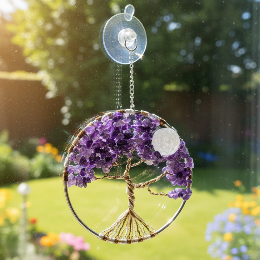 Amethyst, White Crackle Quartz & Mixed-Metal Tree of Life – 4-Inch Wall/Window Hanging