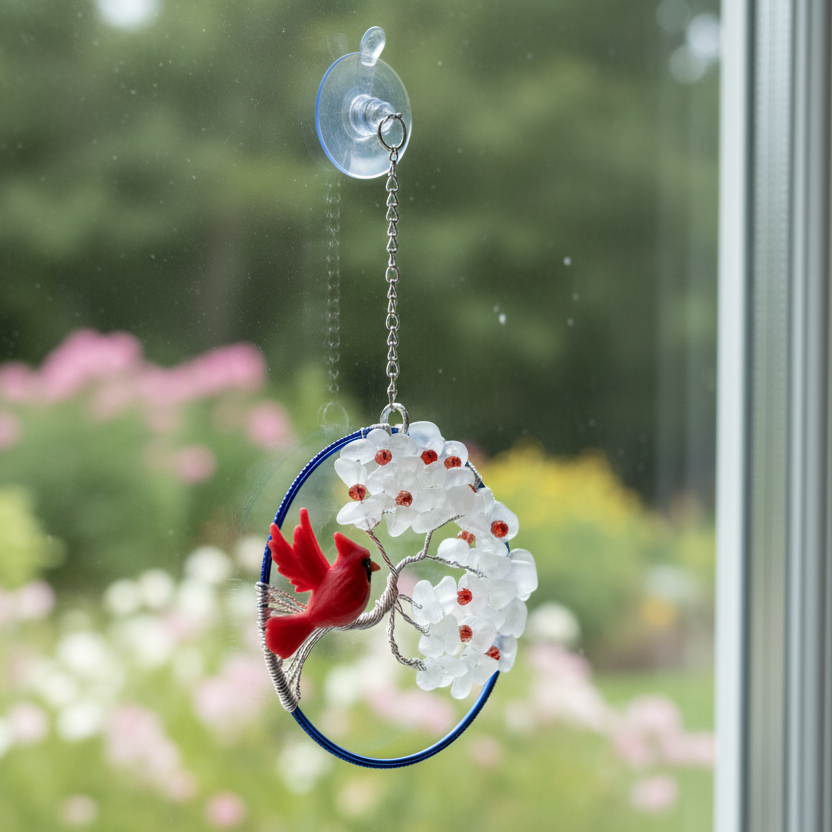 White Quartz & Cardinal Silver Branch – 3-Inch Wall/Window Hanging
